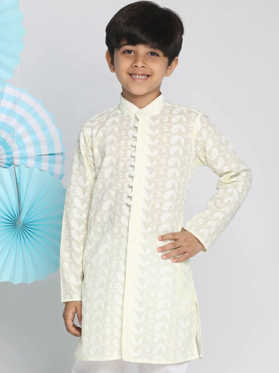 VASTRAMAY Yellow Pure Cotton Chikankari Kurta Baap Beta Set