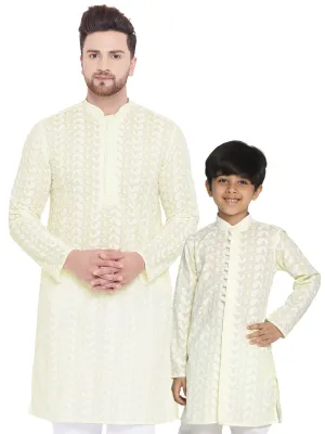 VASTRAMAY Yellow Pure Cotton Chikankari Kurta Baap Beta Set