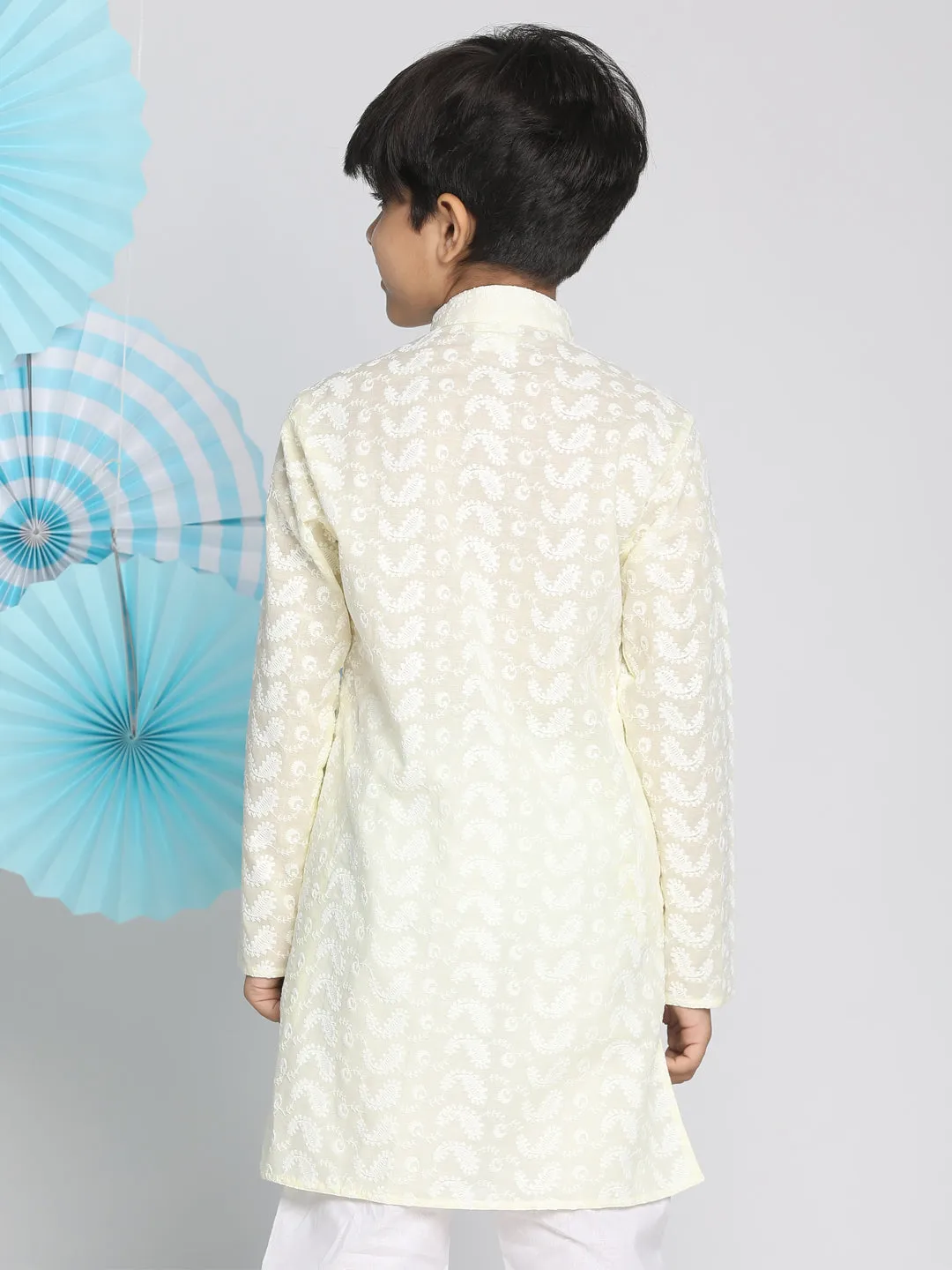 VASTRAMAY Yellow Pure Cotton Chikankari Kurta Baap Beta Set