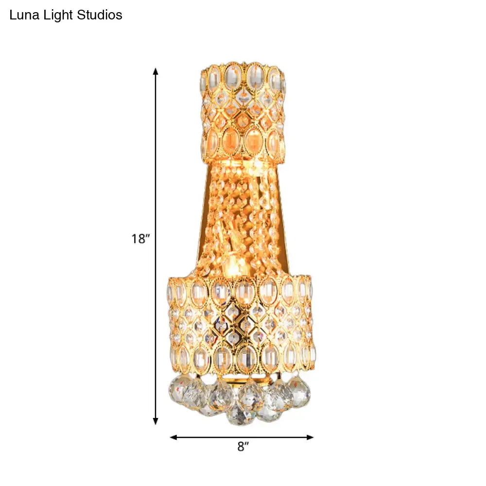 Vintage Metal Beaded Wall Sconce with Clear Crystal Accents - Gold Finish, 2 Bulbs for Hallway