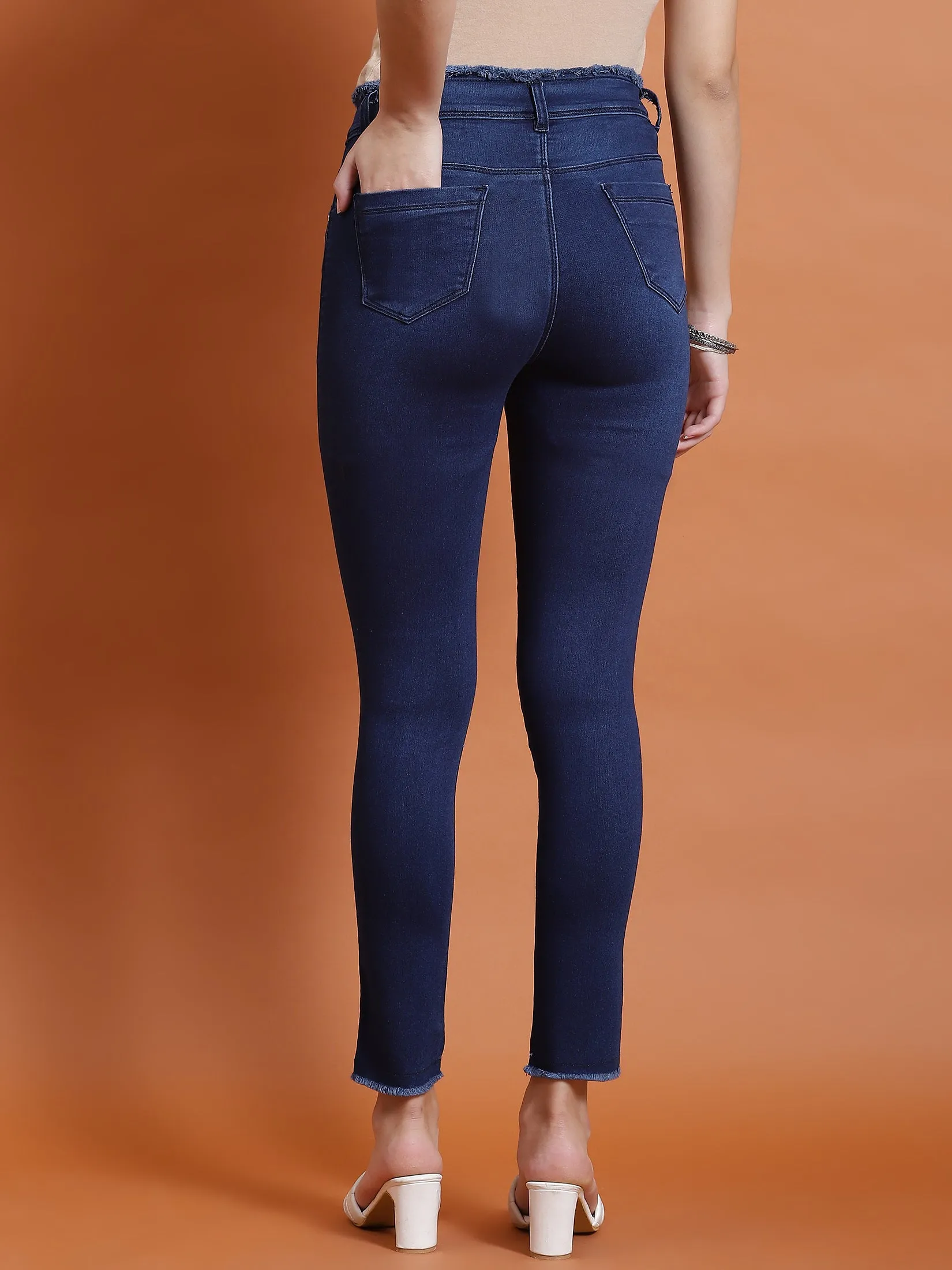 Women Blue Solid Narrow Fringe Jegging