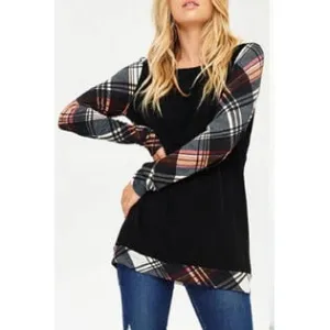 Women Fashionable Plaid Pattern Designed Long Sleeve & Hem Awesome & Comfortable Top - C2250USB