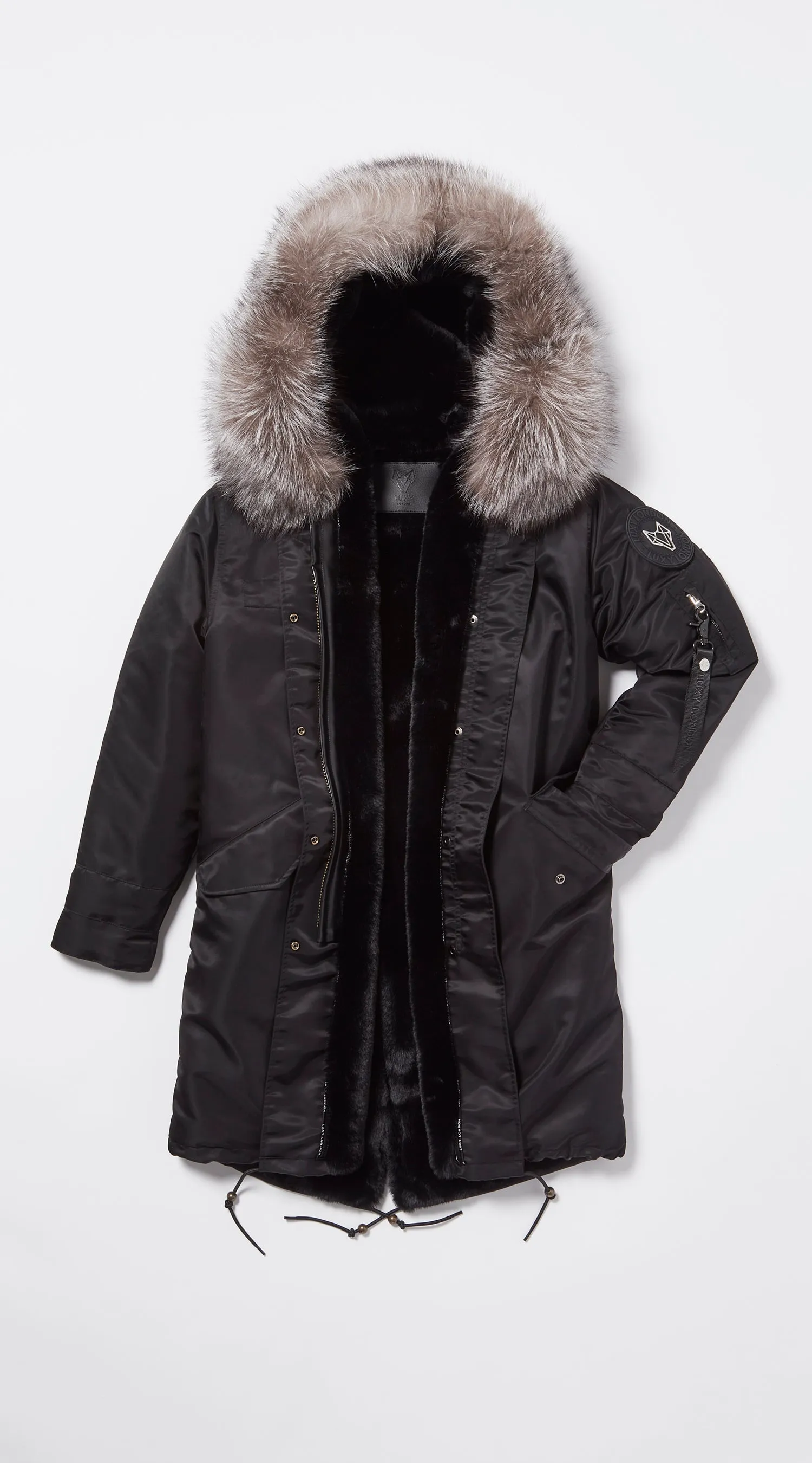 Womens Black Water-Repellent Luxy Fur Parka - 3/4 Silver Frost Fox