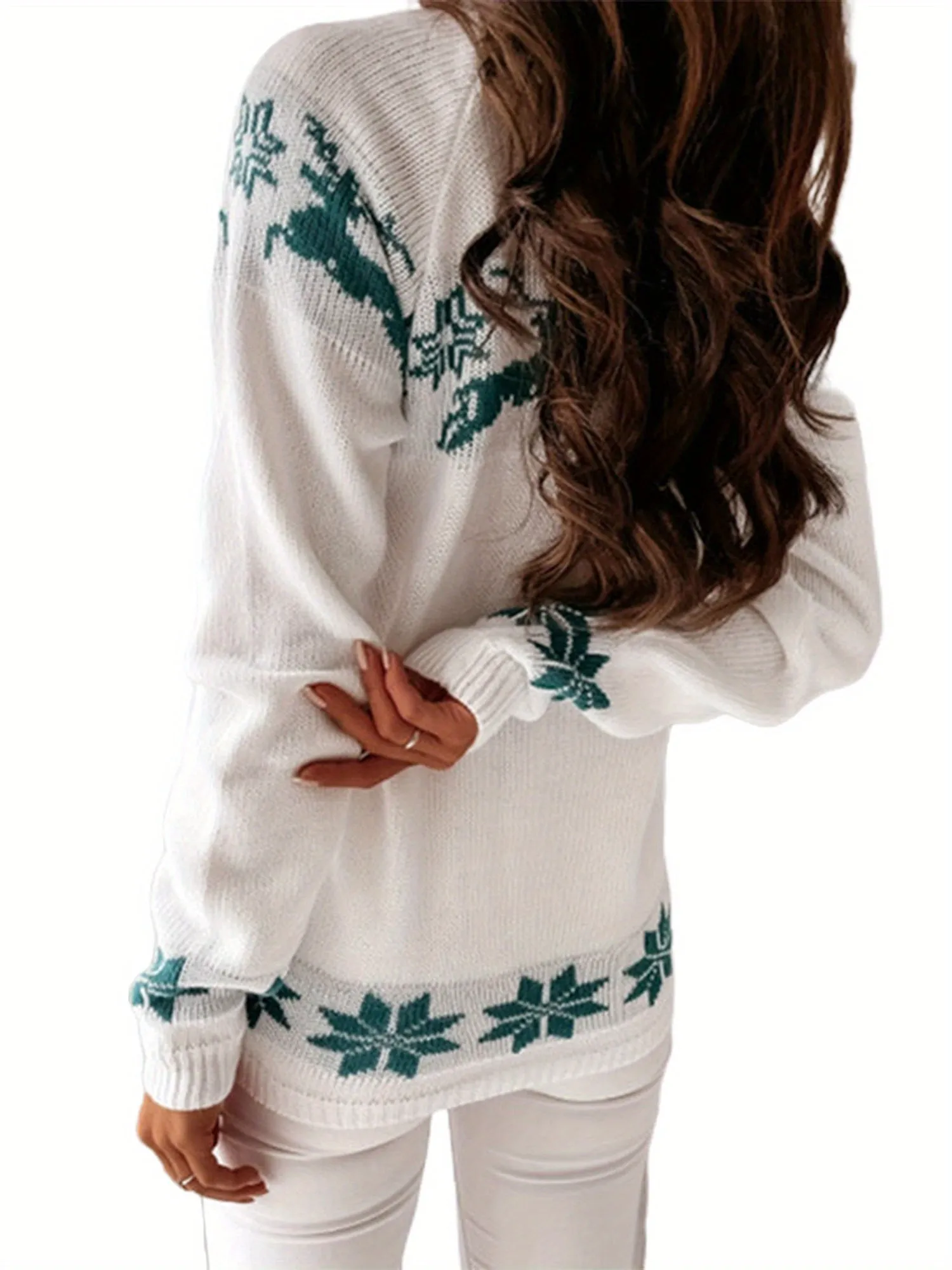 Women's Christmas Round Neck Sweaters, Long Sleeve Elk Snowflake Print Loose Knit Tops