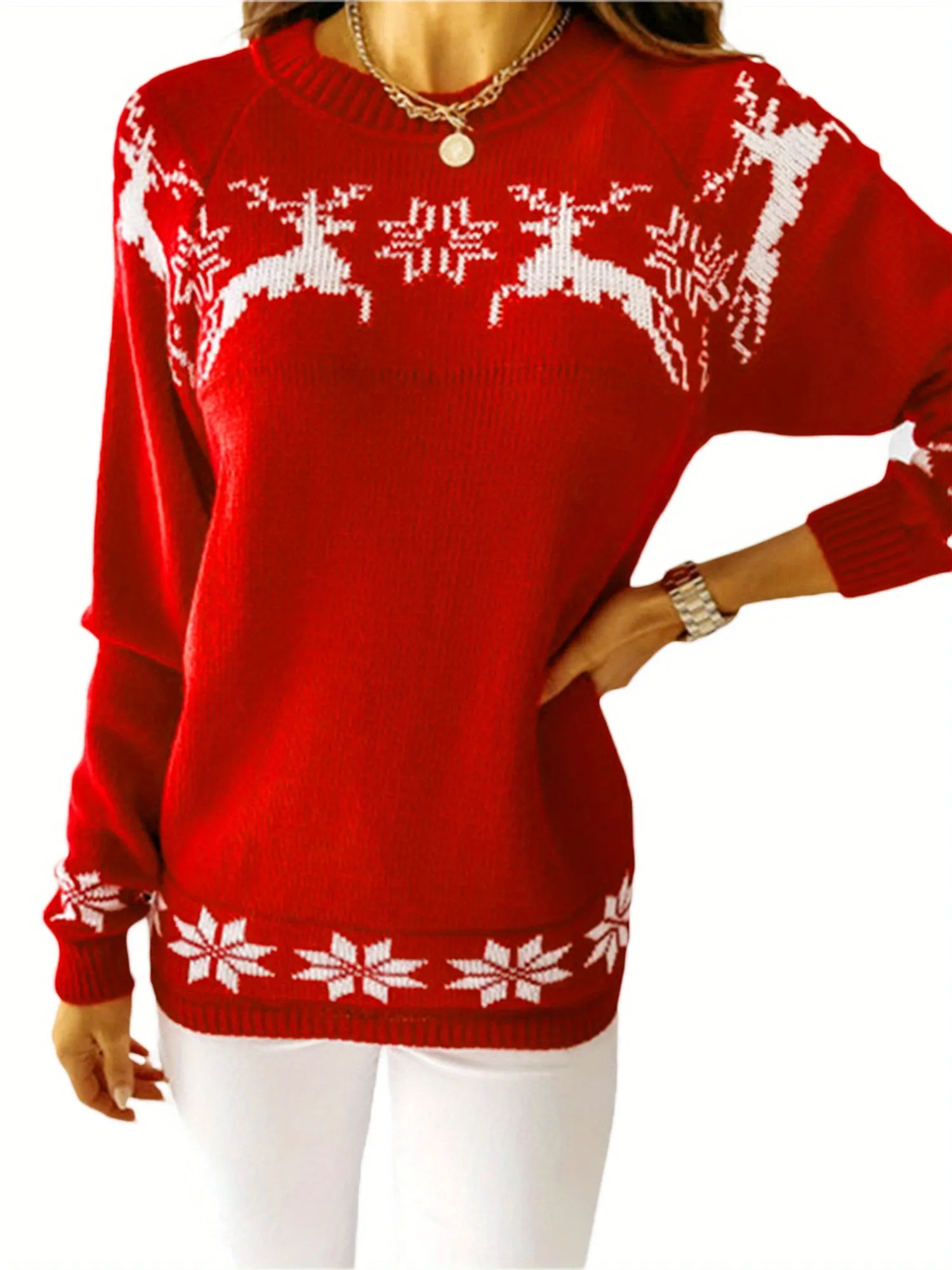 Women's Christmas Round Neck Sweaters, Long Sleeve Elk Snowflake Print Loose Knit Tops