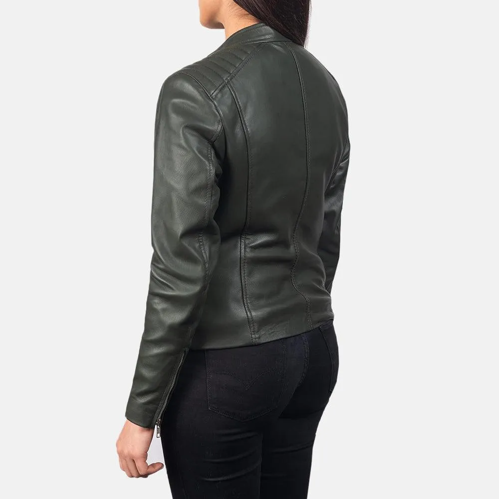 Womens Palm Green Leather Biker Jacket