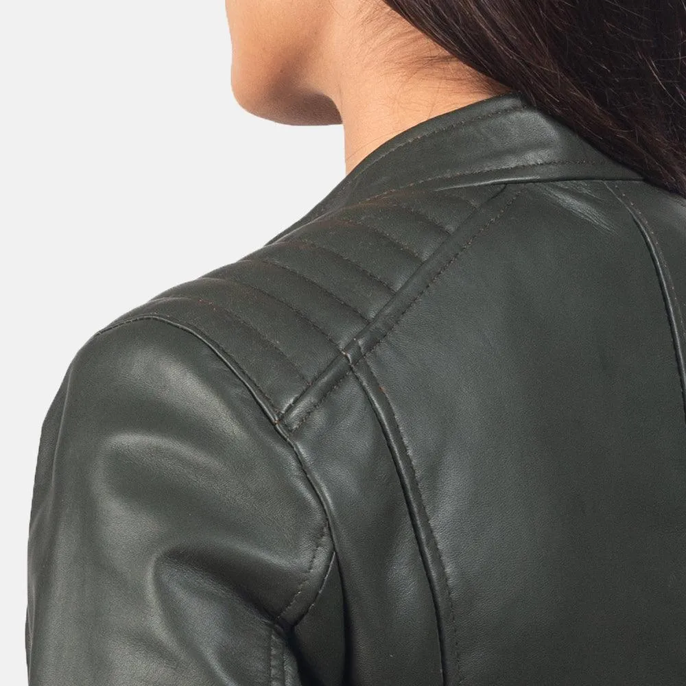 Womens Palm Green Leather Biker Jacket