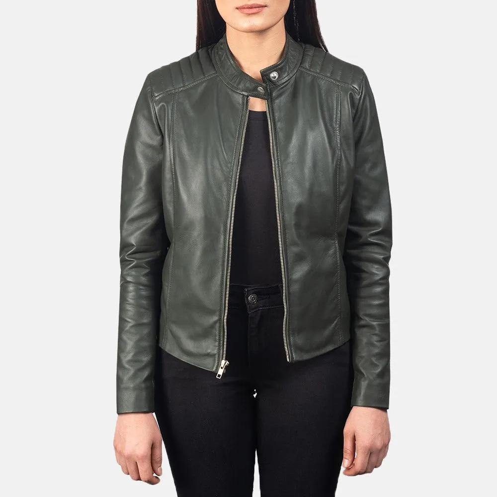 Womens Palm Green Leather Biker Jacket