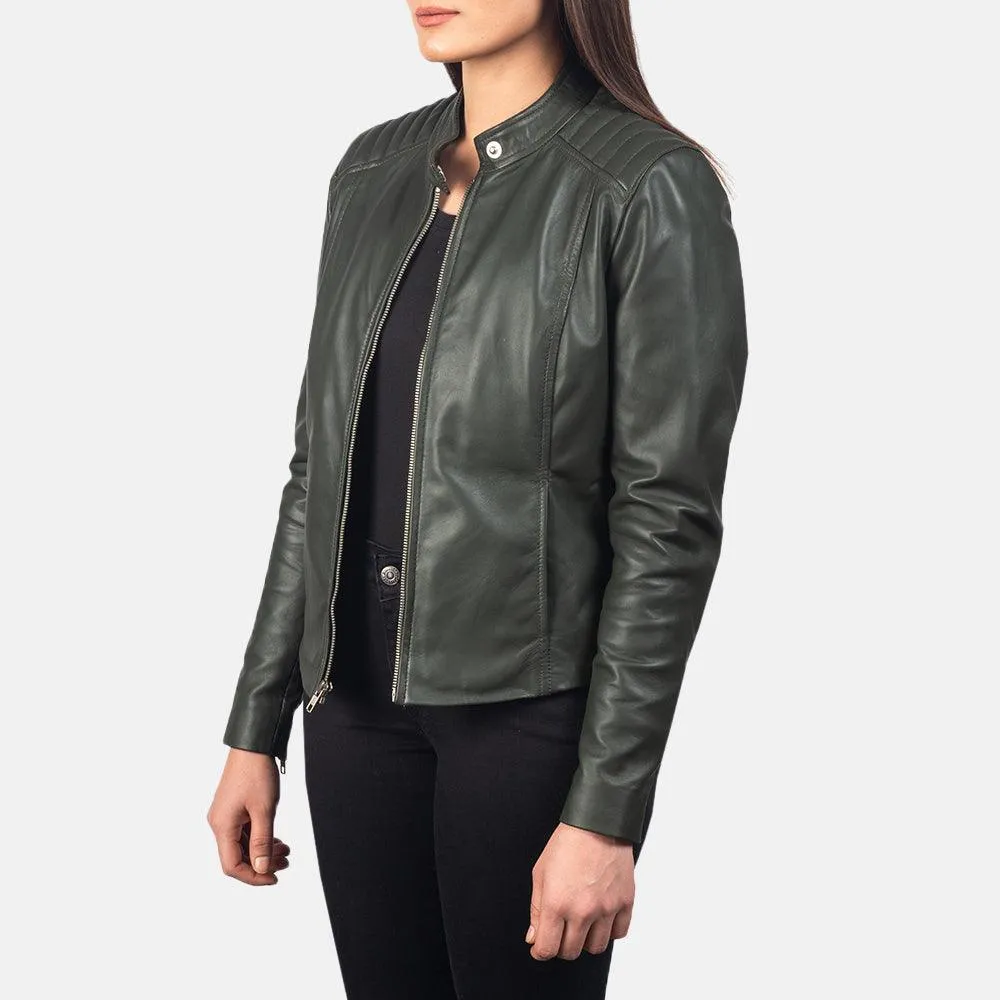 Womens Palm Green Leather Biker Jacket