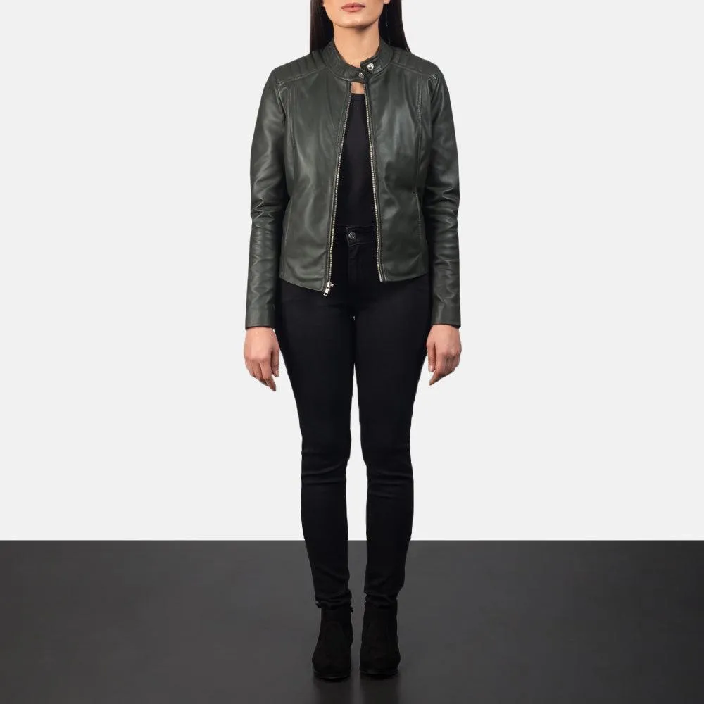 Womens Palm Green Leather Biker Jacket